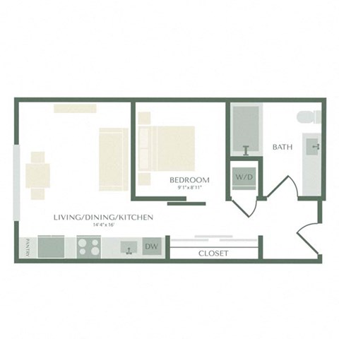 Floor plan for 1 bed, 1 bath, 499 sqft